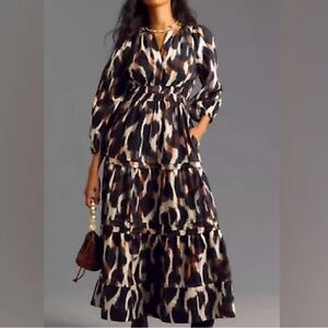 Anthropologie Somerset Maxi Dress Long Sleeve V-Neck New XS Brown Black Pattern